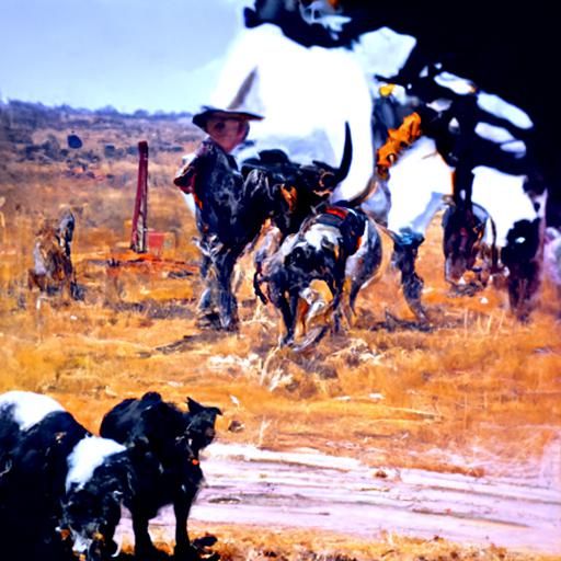 Cowboys and Dogs Herding Cattle: Oil Painting
