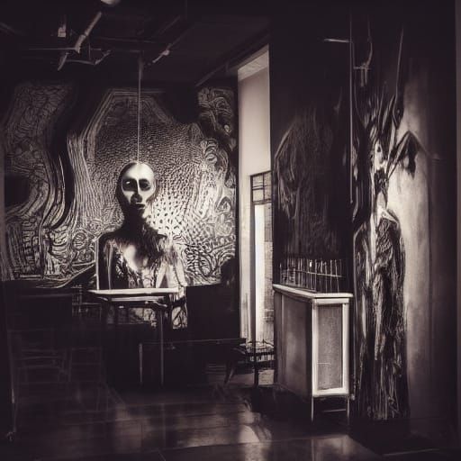 Goth Model in Surreal Coffee Shop