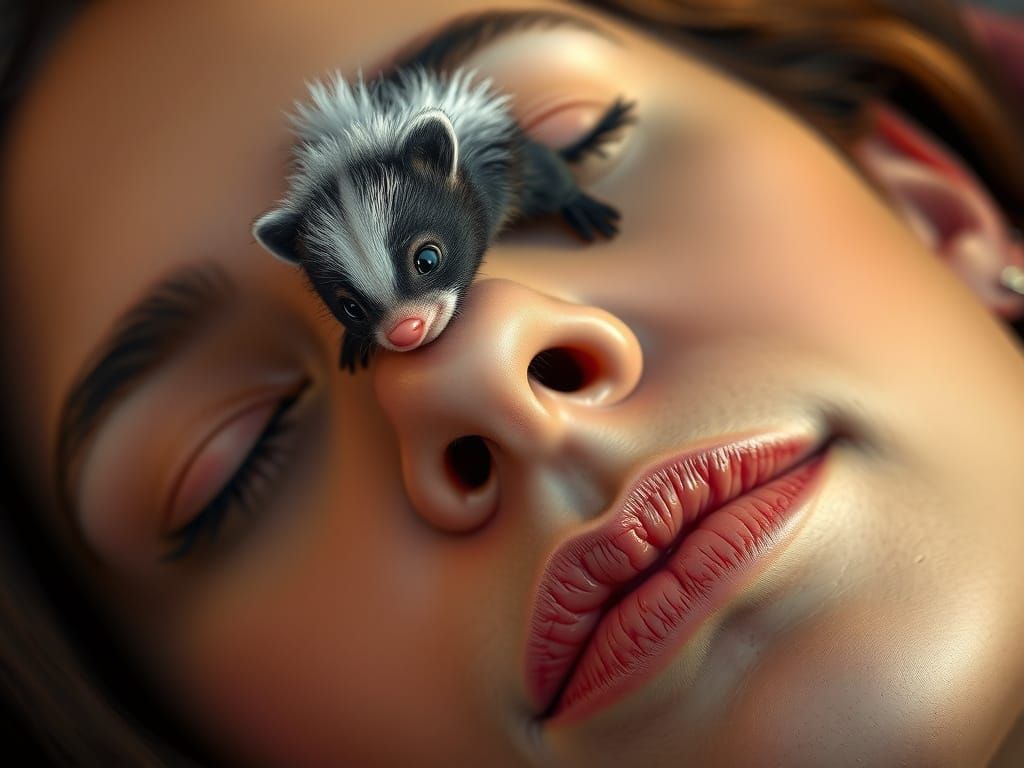 Serene Woman with Skunk in Photorealistic Portrait
