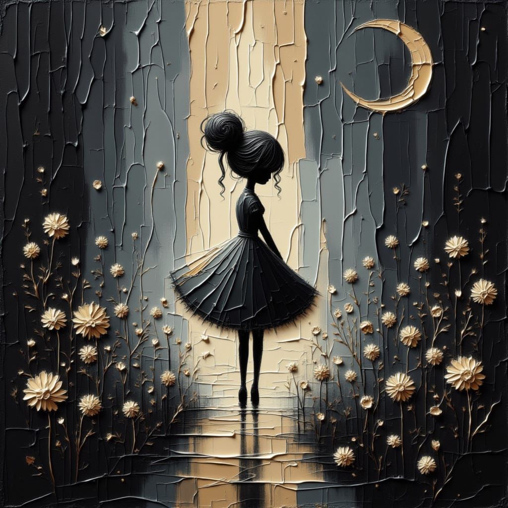 Sad Girl Illuminates Flowers at Night