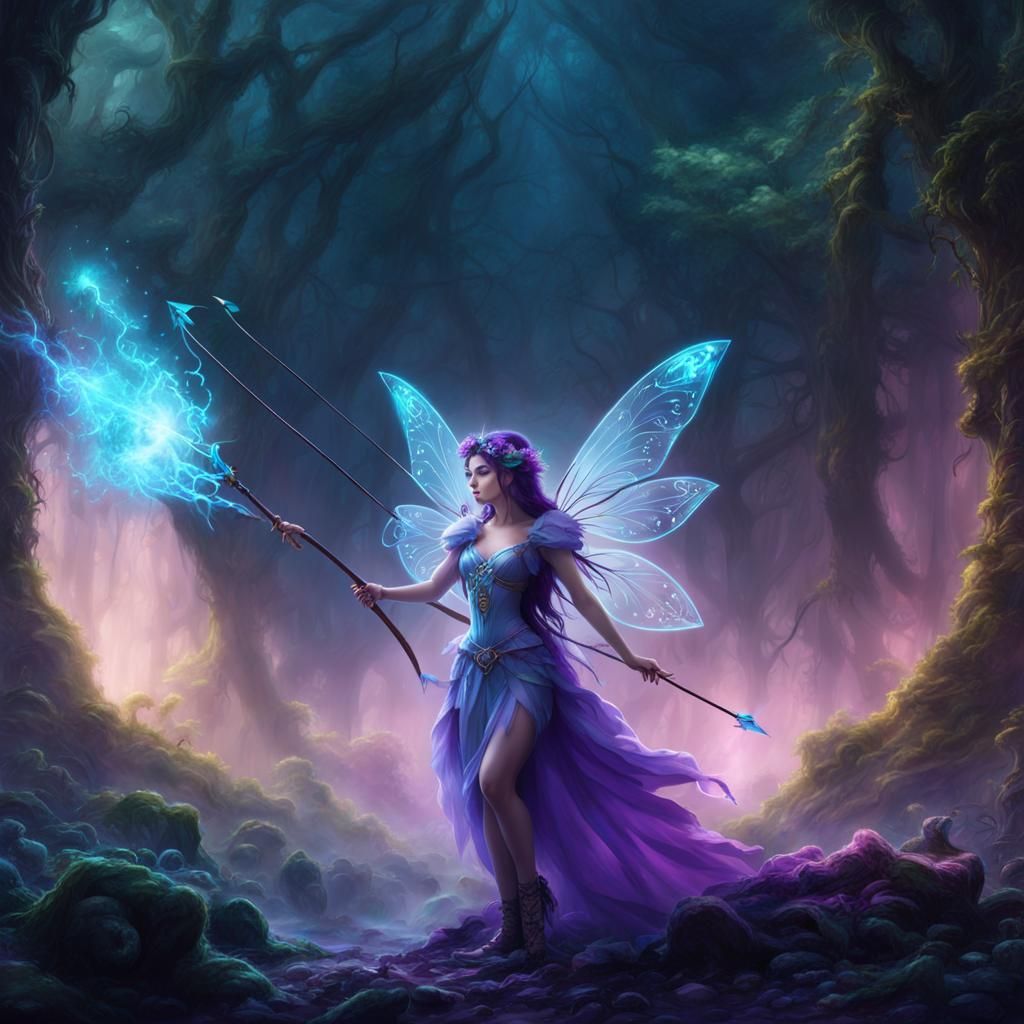 Fairy Mage Shooting Arrows in Misty Forest