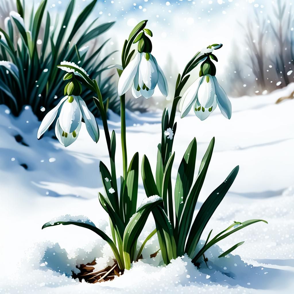 Snowdrops Breaking Through Snow: Digital Watercolor Sketch