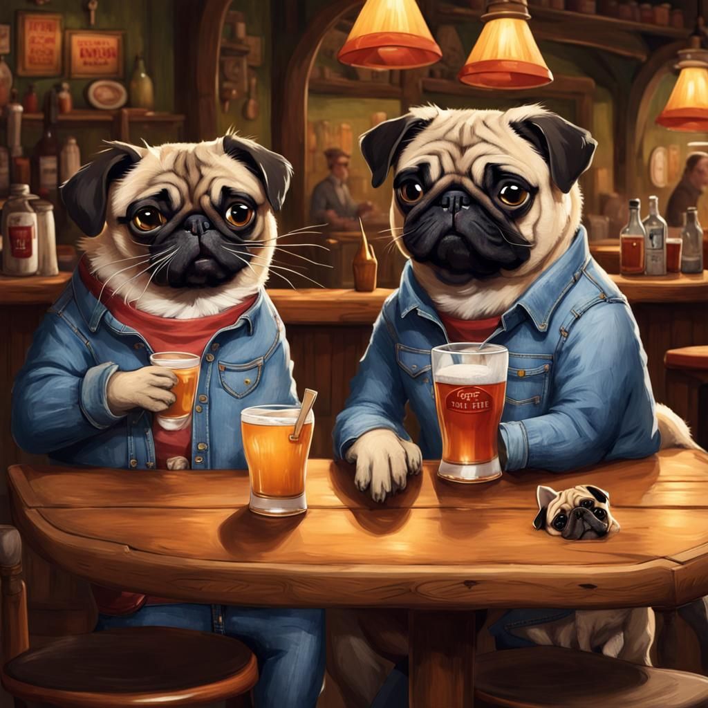 Cat and Pug Enjoying Drinks in a Tavern