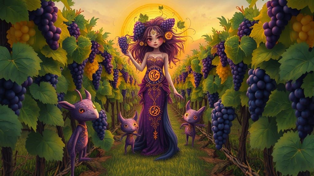 Whimsical Grape Creatures in Lush Vineyard Scene