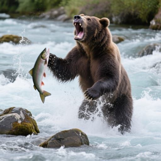 Grizzly Bear Roars While Catching Salmon in Alaskan River