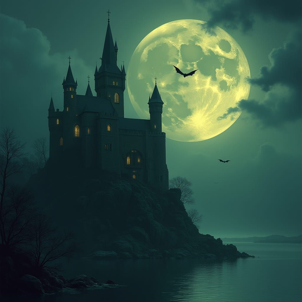 Gothic Castle Silhouetted Against a Full Moon
