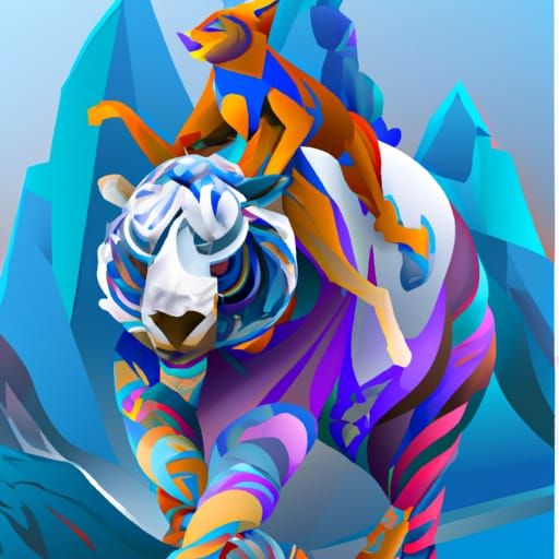 Tiger and Bunny in Cubist Mountain Landscape