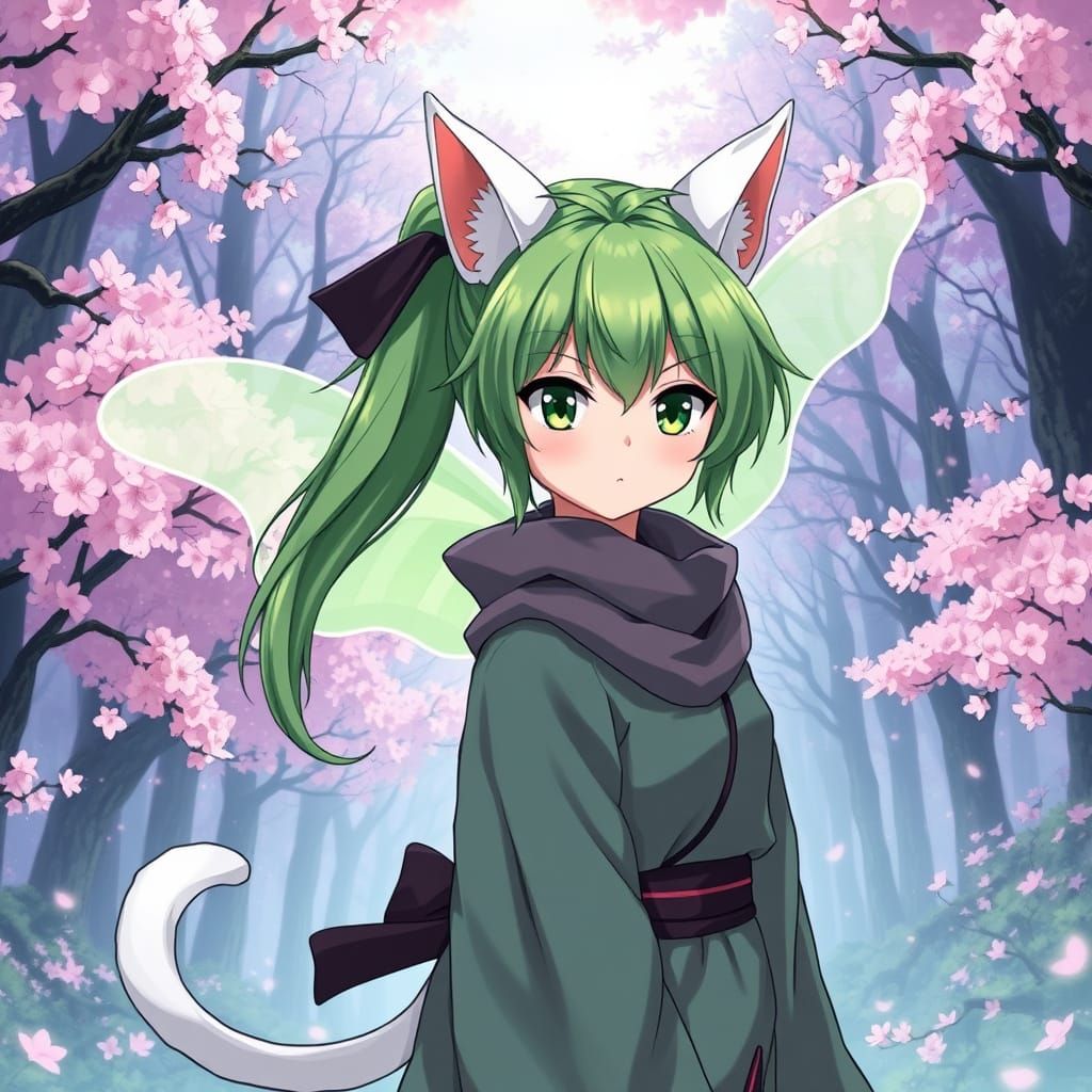 Anime Ninja Girl in Cherry Blossom Forest with Luna Moth Win...