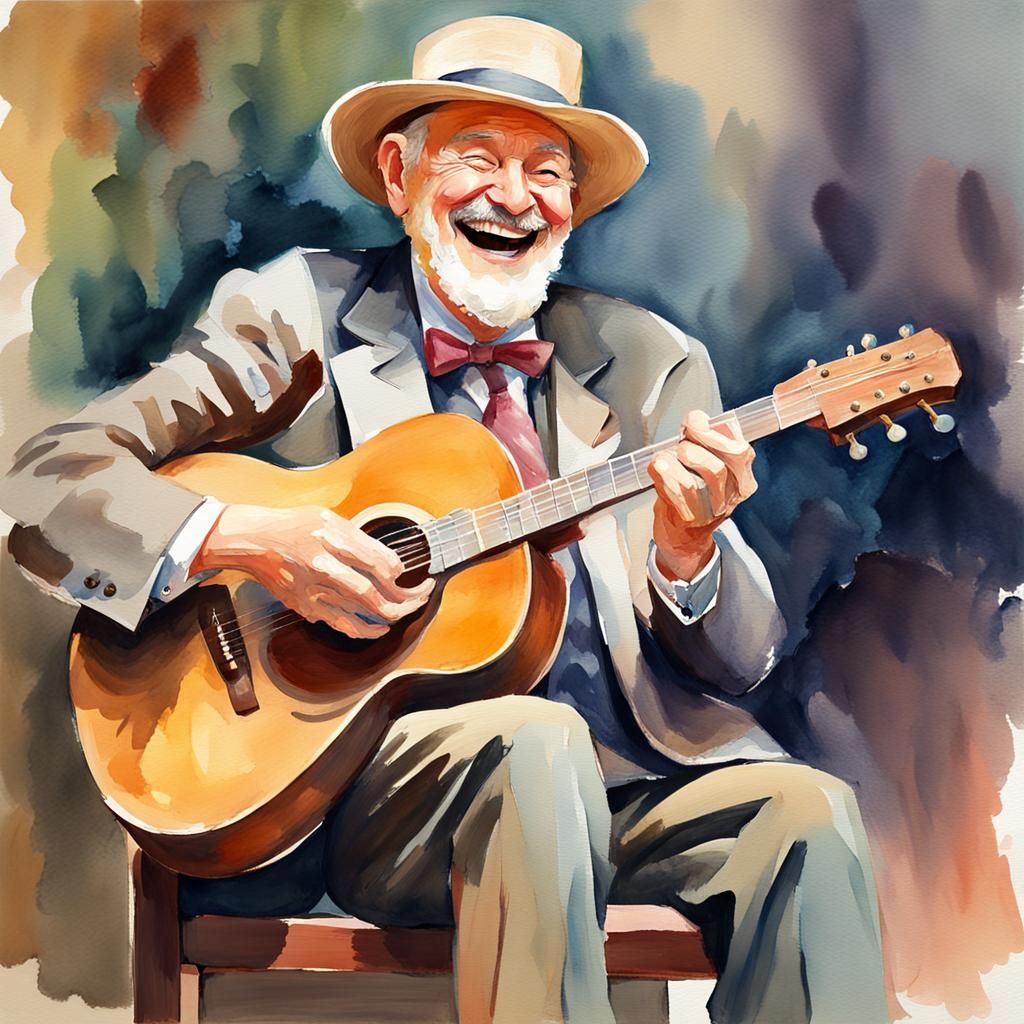Laughing Guitarist: Watercolor Gouache Impressionist Paintin...
