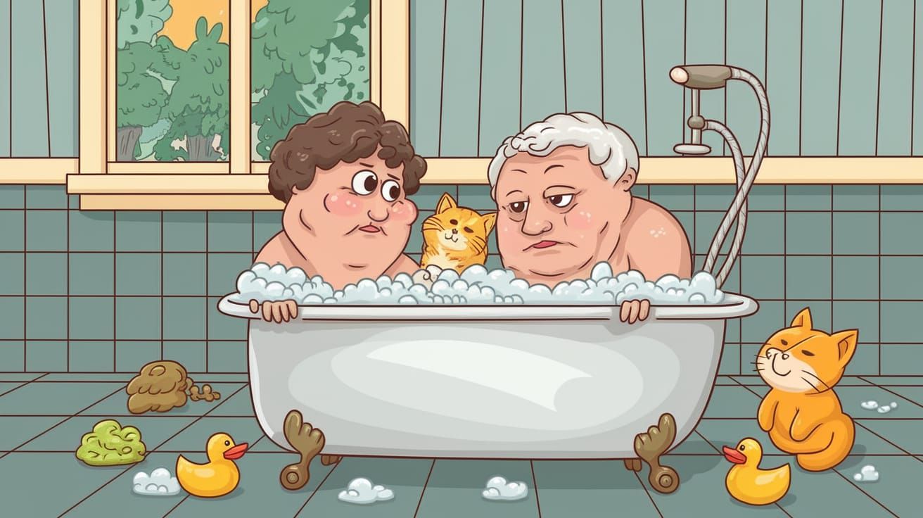 Playful Bubble Bath Scene with Senior Couple and Feline Frie...