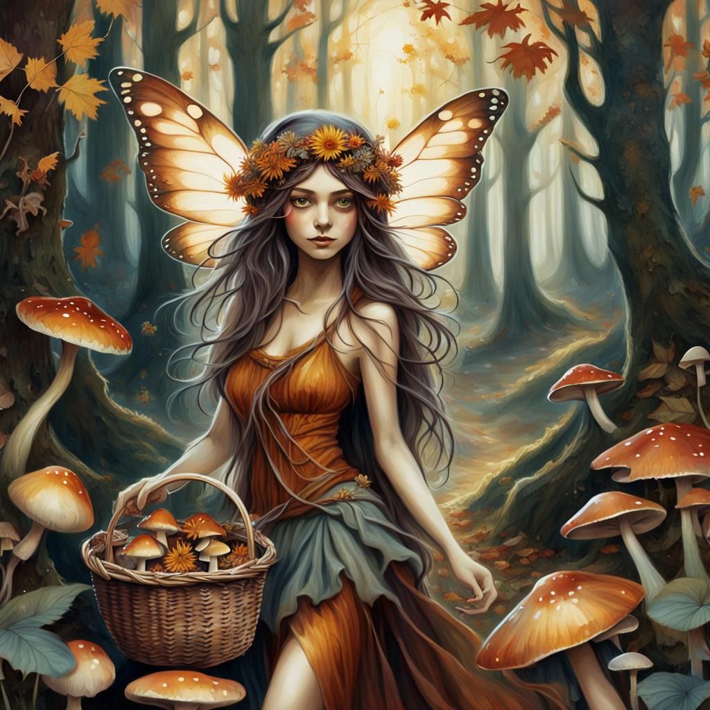 Hippie Fairy Collecting Flowers in Autumn Woods