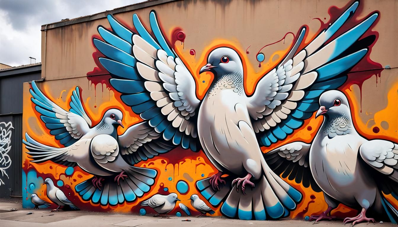 Street Art Graffiti Depicting Doves in Surrealist Style