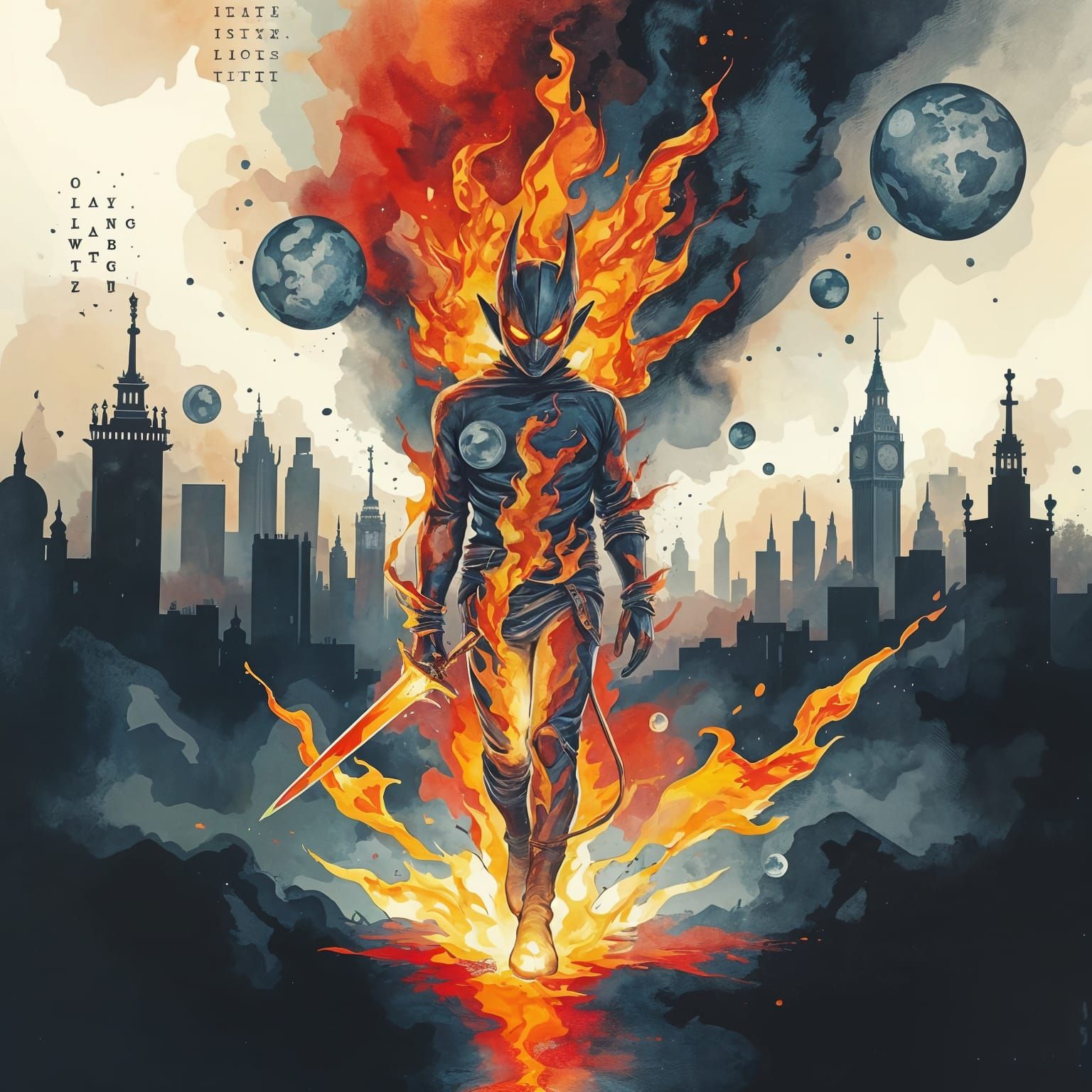 Blazing Fire Warrior in Dystopian City: Watercolor Art