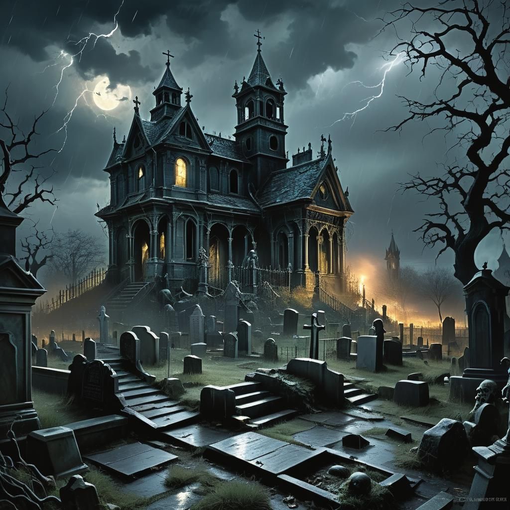 Haunted House in Cemetery During Lightning Storm