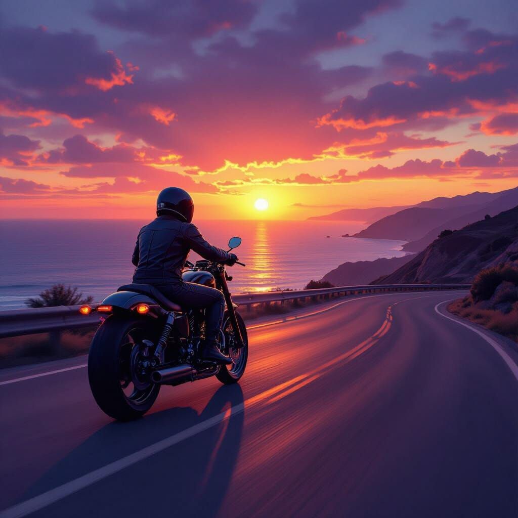 Motorcyclist Silhouette on Coastal Road at Sunset