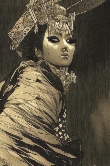Horror Geisha Close-up in Doré Style Ink Drawing