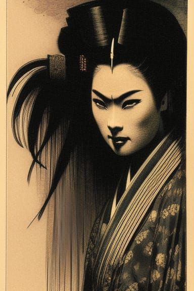 Horror Geisha Close-up in Ink Drawing Style