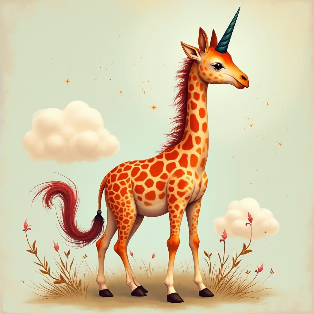 Mythical Creature with Giraffe Neck, Fox Fur, and Unicorn Ho...