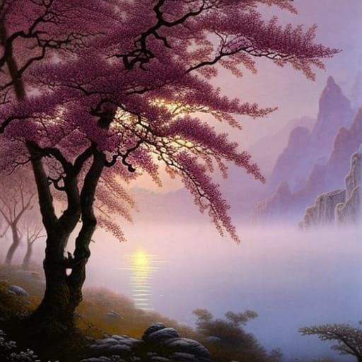 Cherry Blossoms in Mist: Naive Art Watercolor