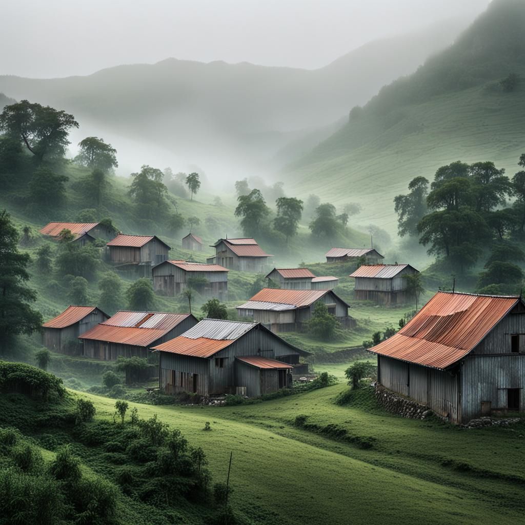 Misty Rural Village in Mountainous Landscape