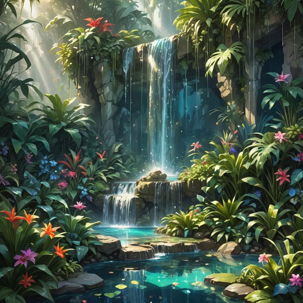 Crystal Waterfall in Tropical Garden Concept Art