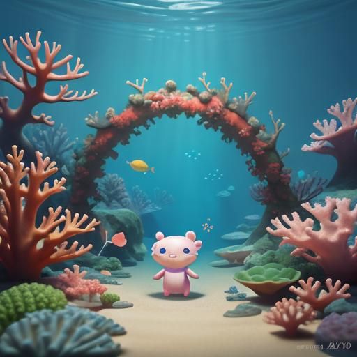 Chibi Axolotl Swimming Through Coral Archway: 3D Digital Art