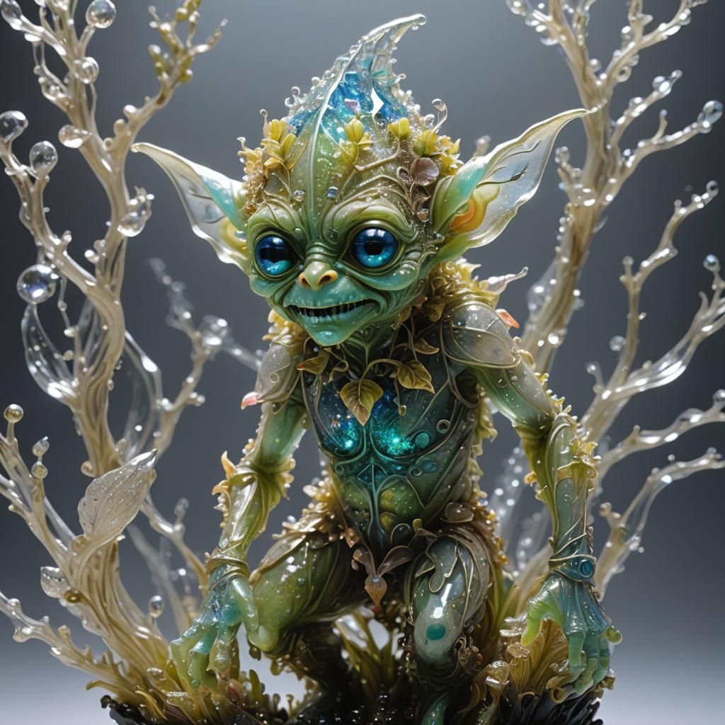 Crystal Goblin with Bioluminescent Plants
