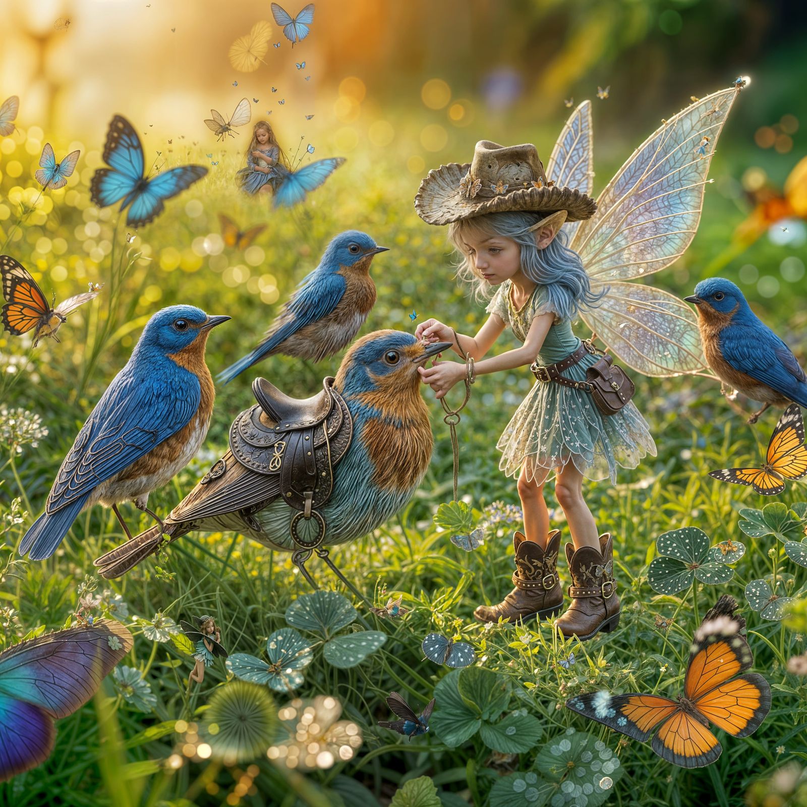 Fairies in Cowboy Gear Saddle Birds in Clover Field