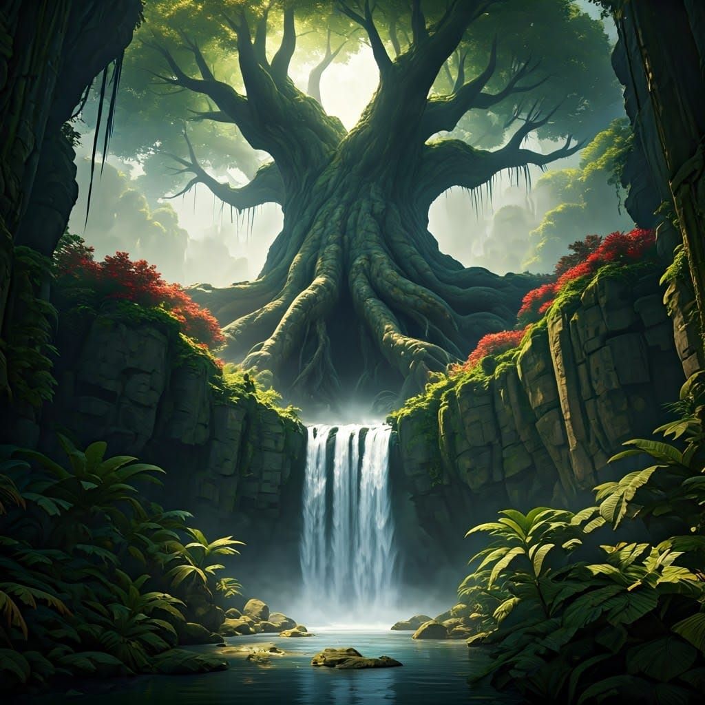 Majestic Jungle Waterfall with Ancient Trees