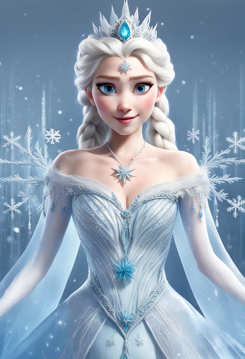Queen Elsa, her long, flowing ice-white hair cascading down her back, adorned with intricate braids and sparkling snowfl...
