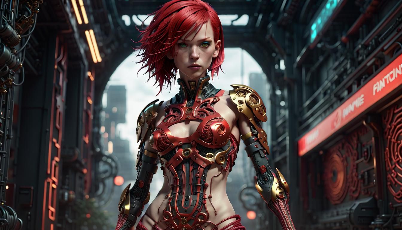Cyberpunk Redhead in Ornate Chrome Silk