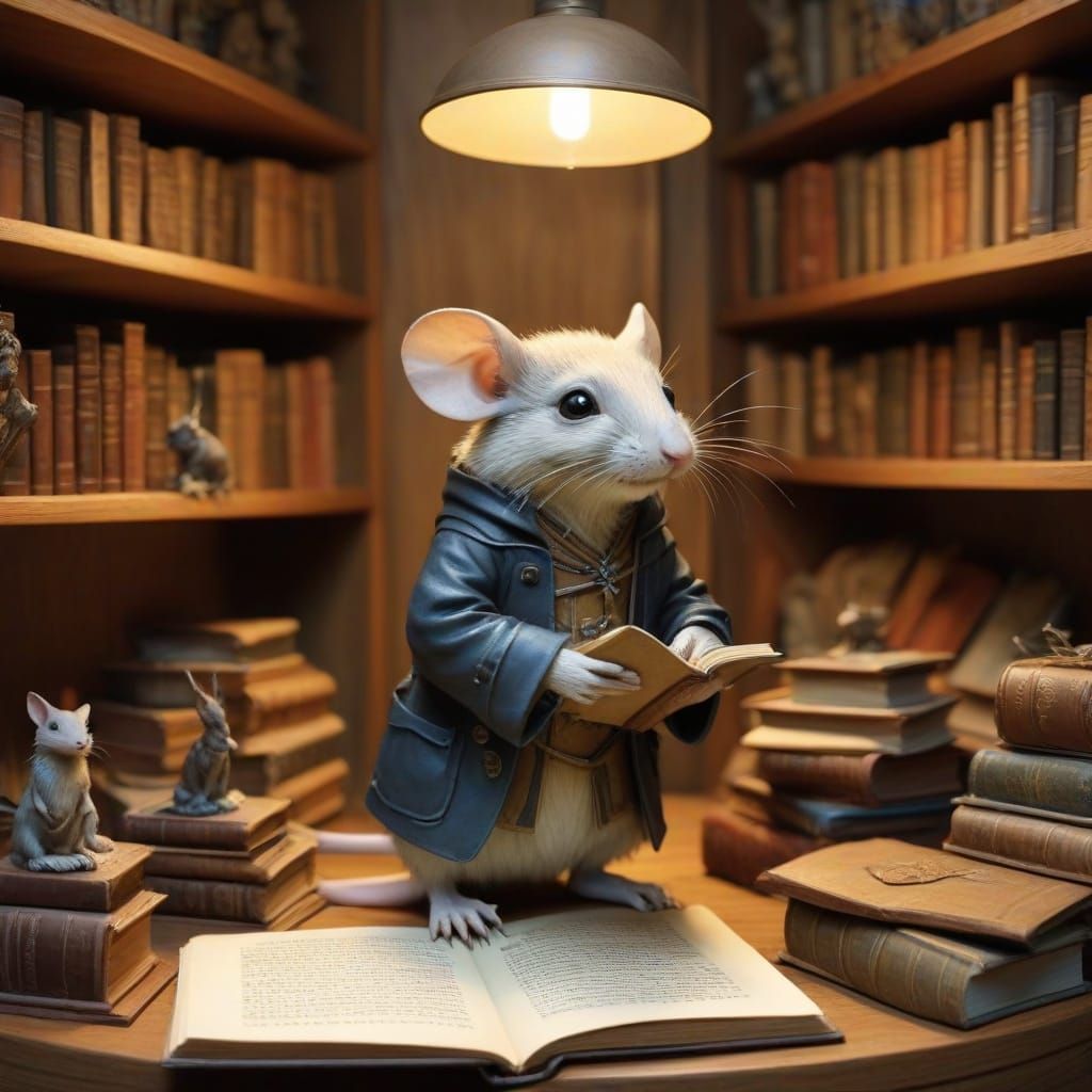 A Mouse Scholar's Cozy Study in Warm, Golden Light