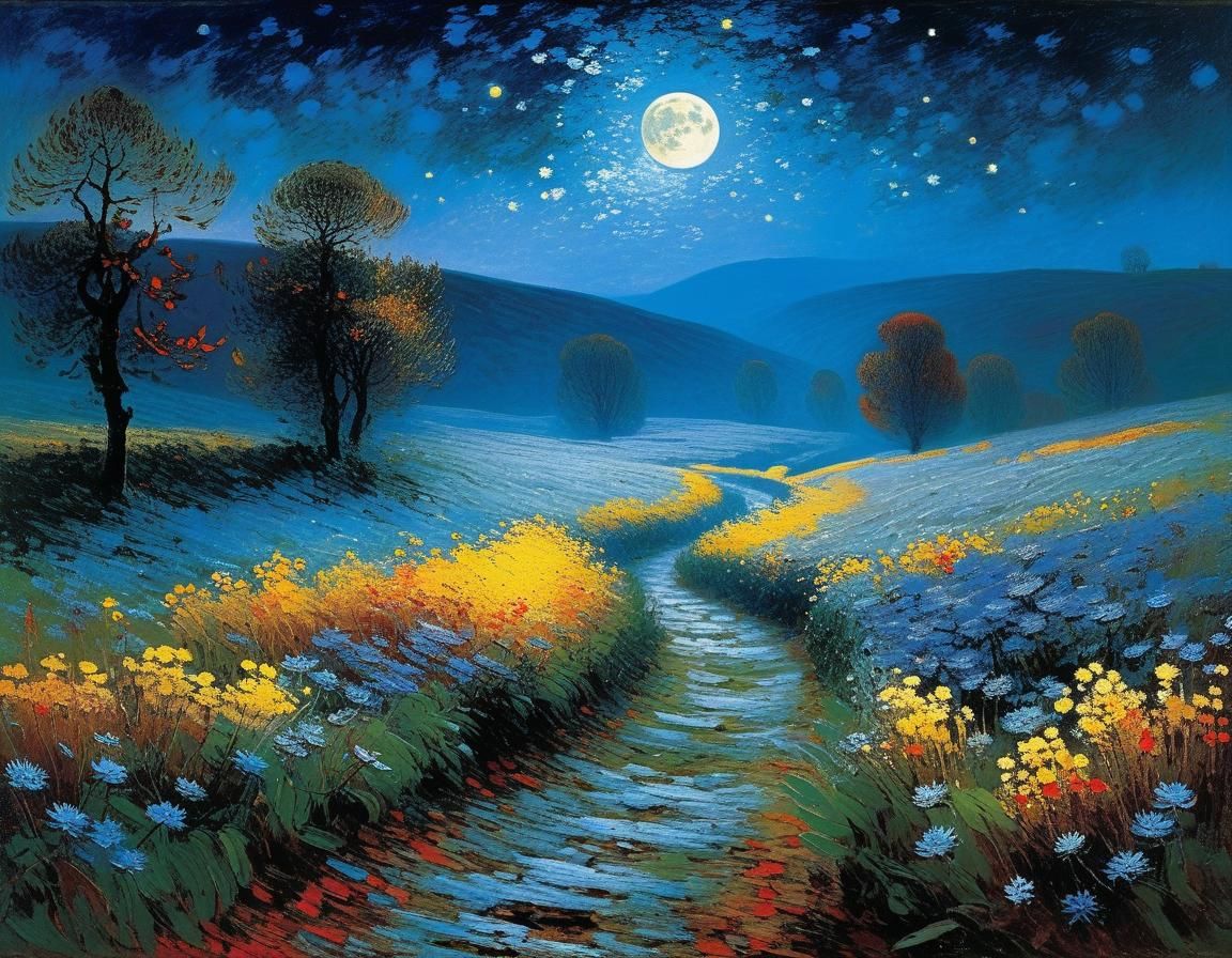 Autumn Landscape with Moonrise, in Impressionist Style