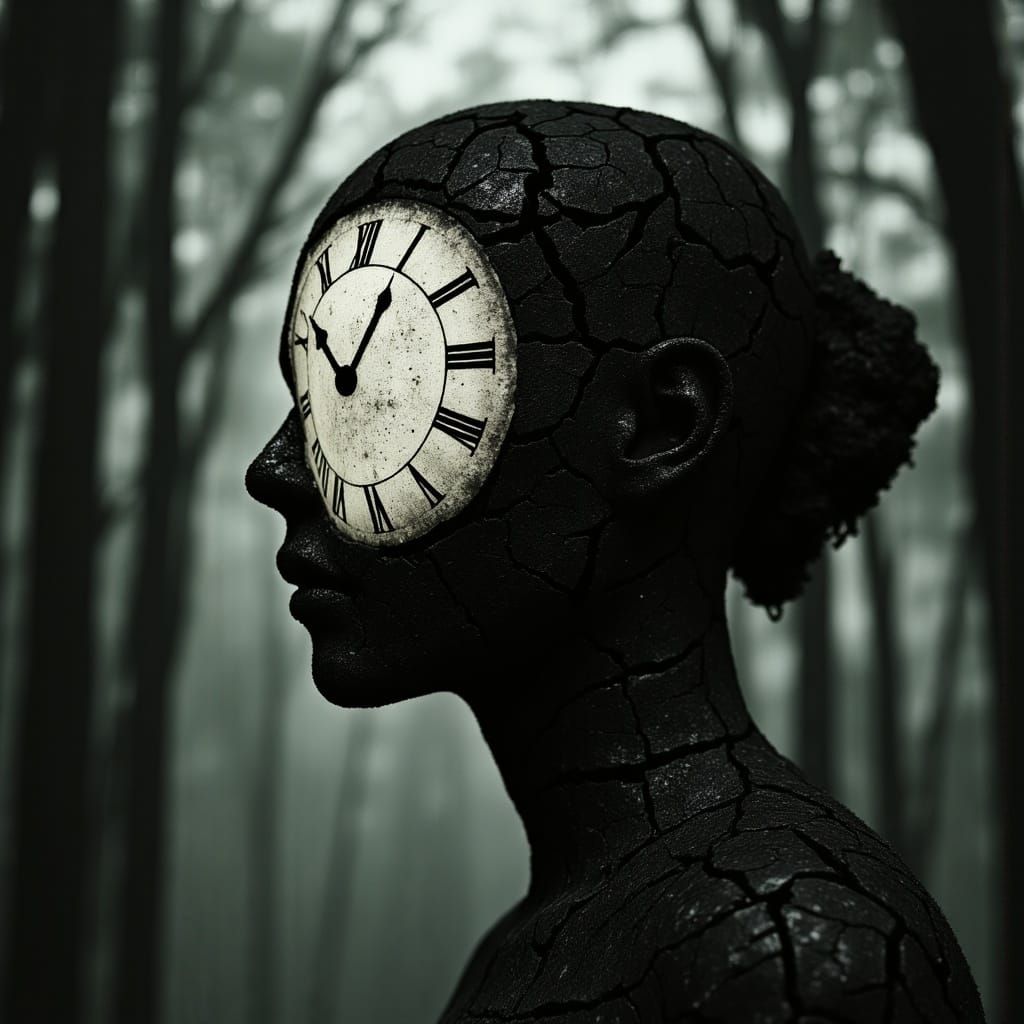 Woman Torn Apart by Time in Fragmented Silhouettes Style