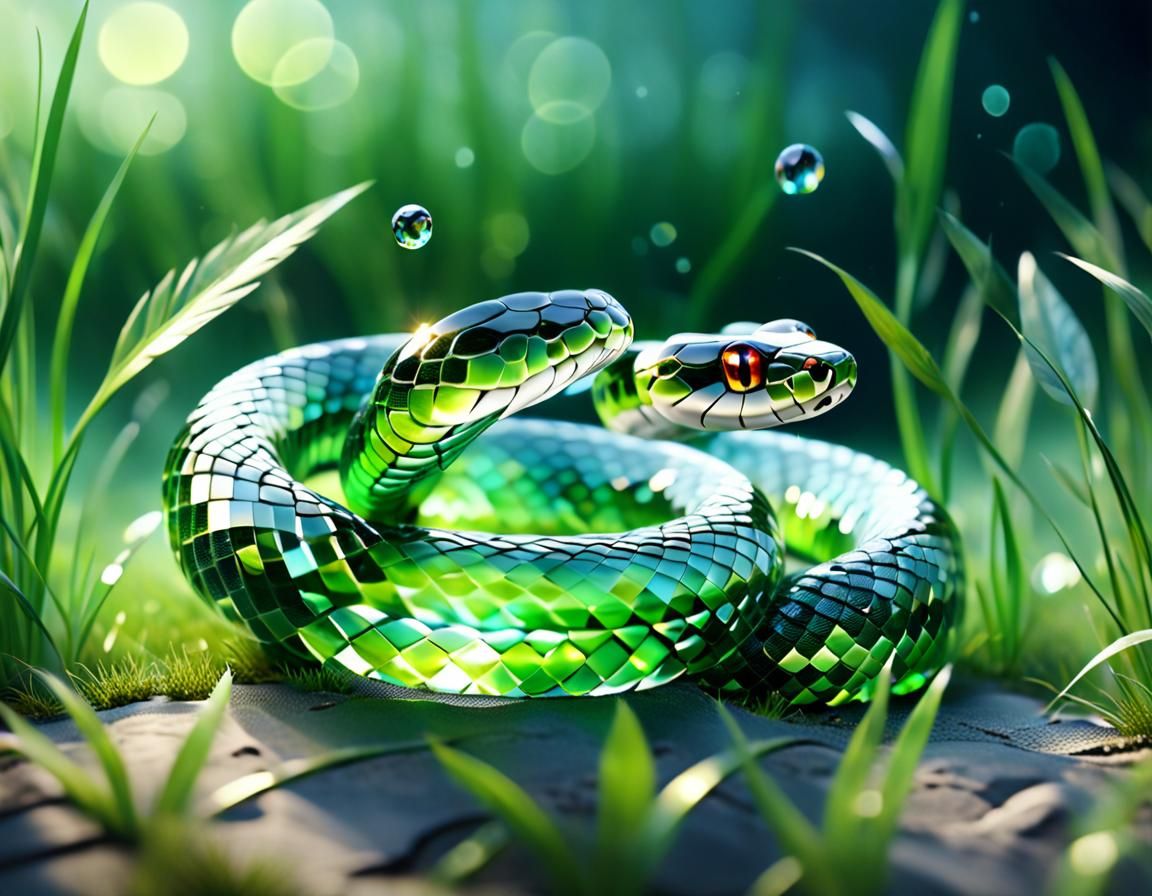 Crystal clear glass snake, inspired by "diamond snake", slithering across the grass, carved from crystal, reflective sur...