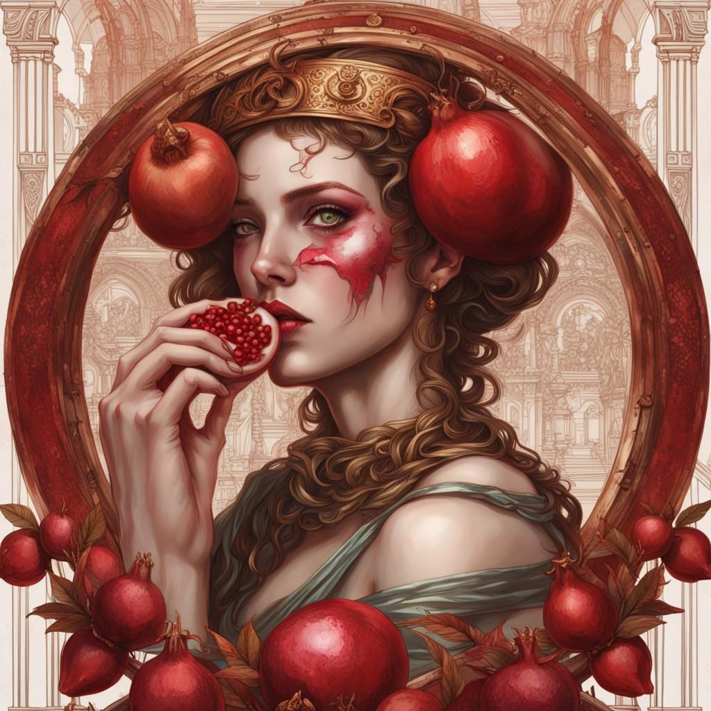 Cyberpunk Proserpine with Metallic Pomegranate in Pre-Raphae...