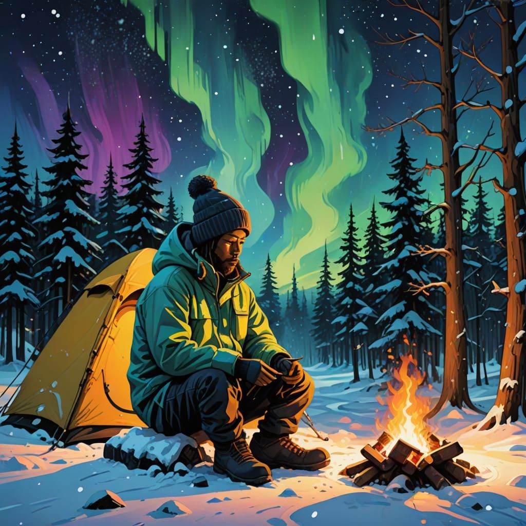 Winter Street Art Scene with Aurora Borealis