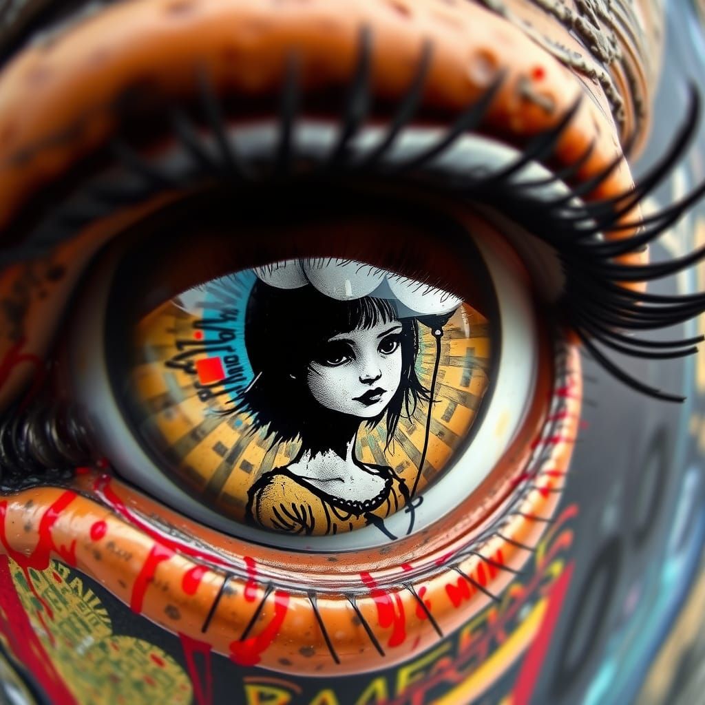 A macro shot of an eye, The eye reflects a street art image