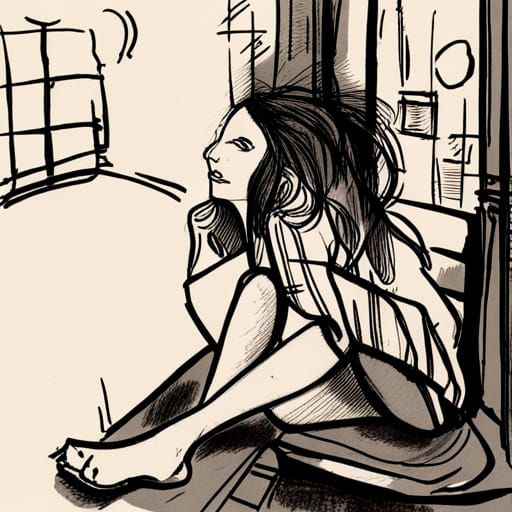 Woman in Subway: Urban Sketch Line Art