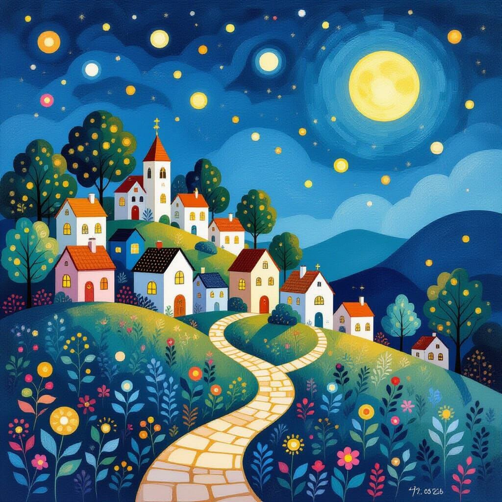 Dreamy Storybook Village at Night with Magical Lights