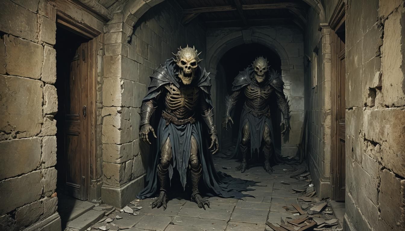 Creepy Monster in Medieval Castle Corridor