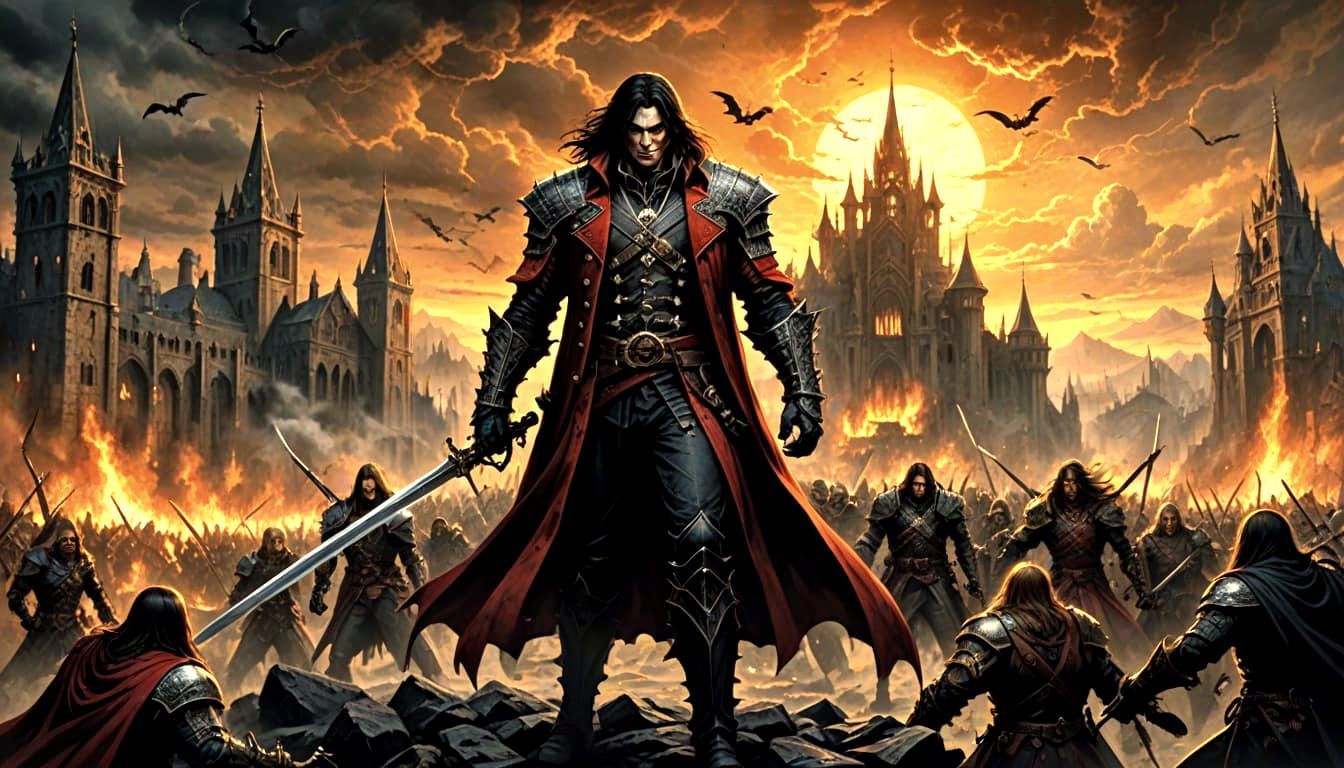 Alucard Battles Vampires in Epic Fantasy Scene