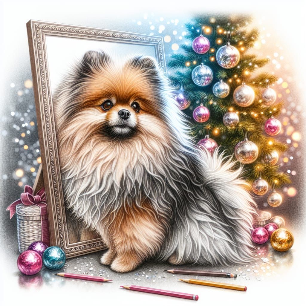 Cute Shaggy Pomeranian Dog Behind Christmas Tree in Vibrant....
