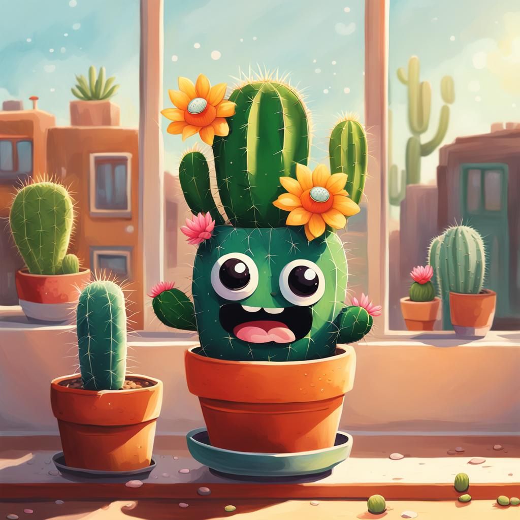 Googly-Eyed Cactus on Sunny Windowsill: Hyperrealistic Splas...