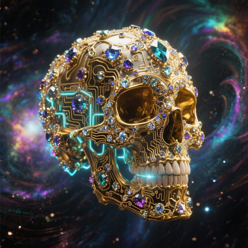 Gilded Skull With Quantum Circuits and Gemstones