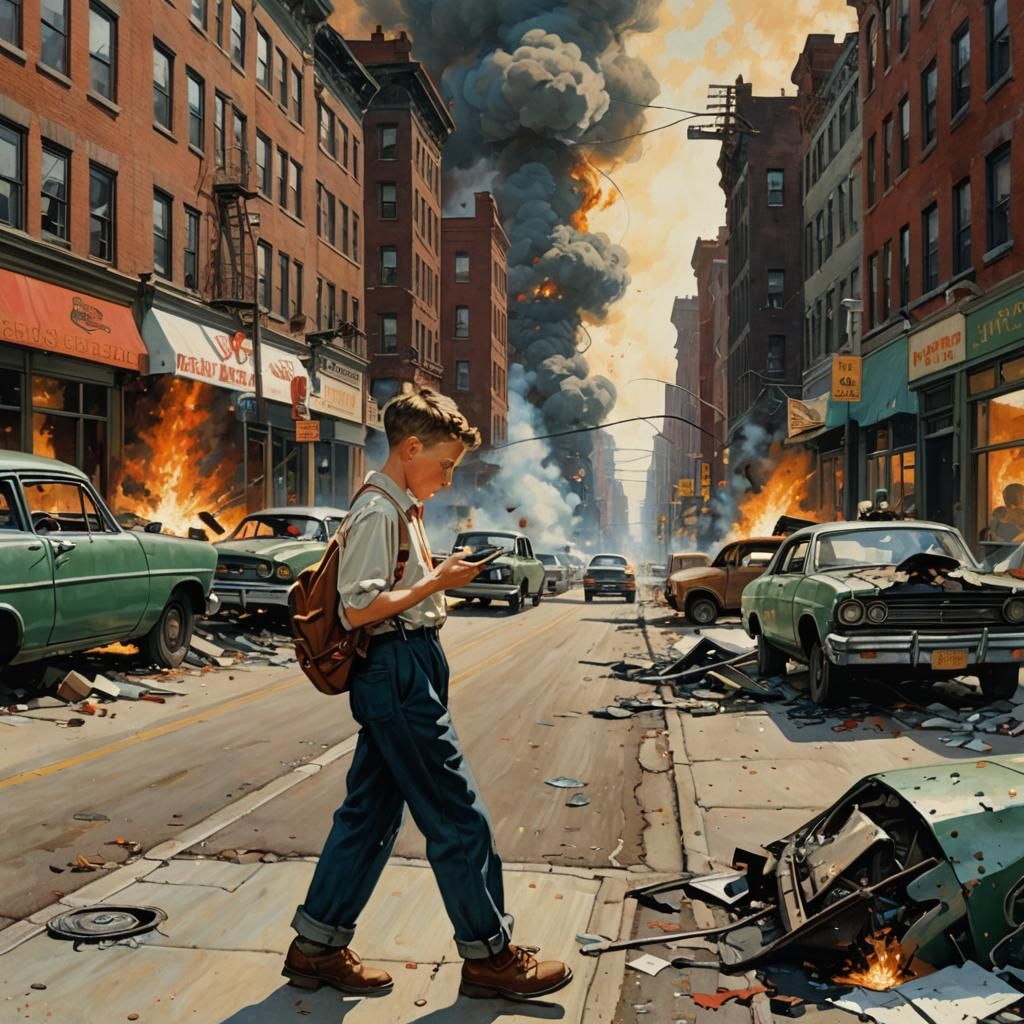 Boy with Phone in Dystopian City, Rockwell Style