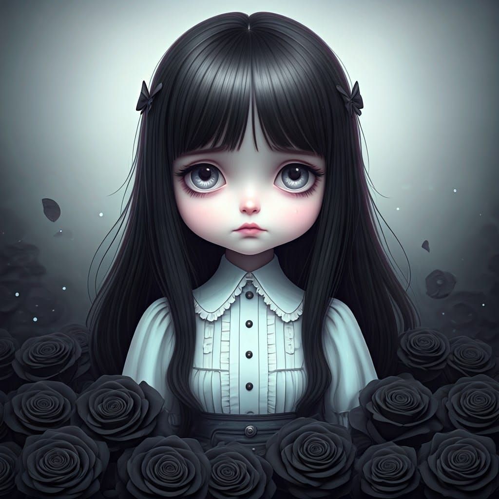 Kawaii Pastel Goth Character with Black Roses