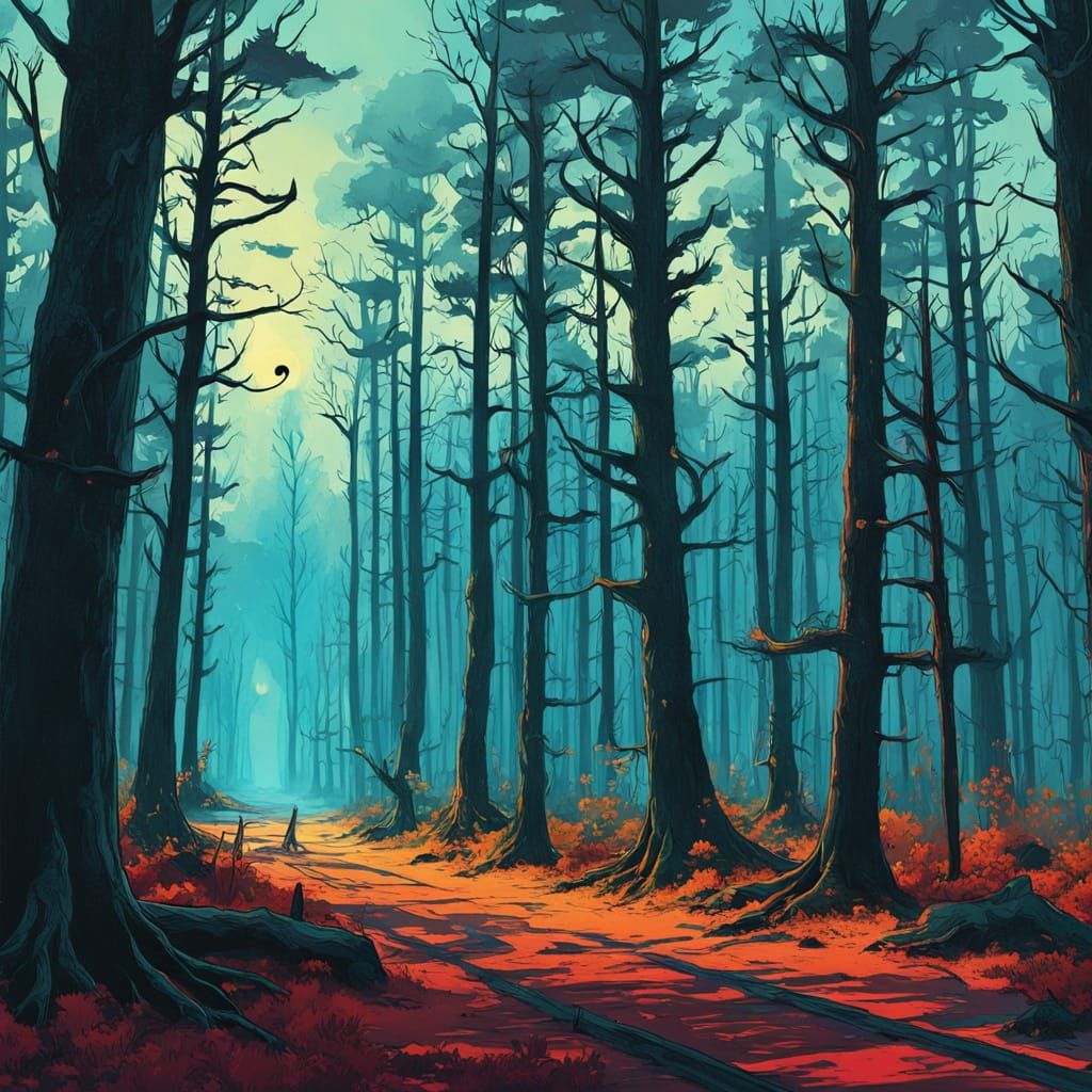 Vibrant Surreal Forest in Bold Digital Art