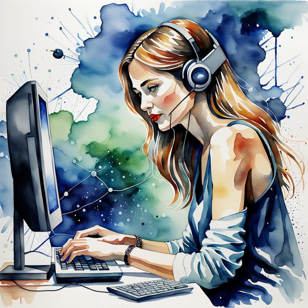 Woman Networking with Apple Computer in Watercolor