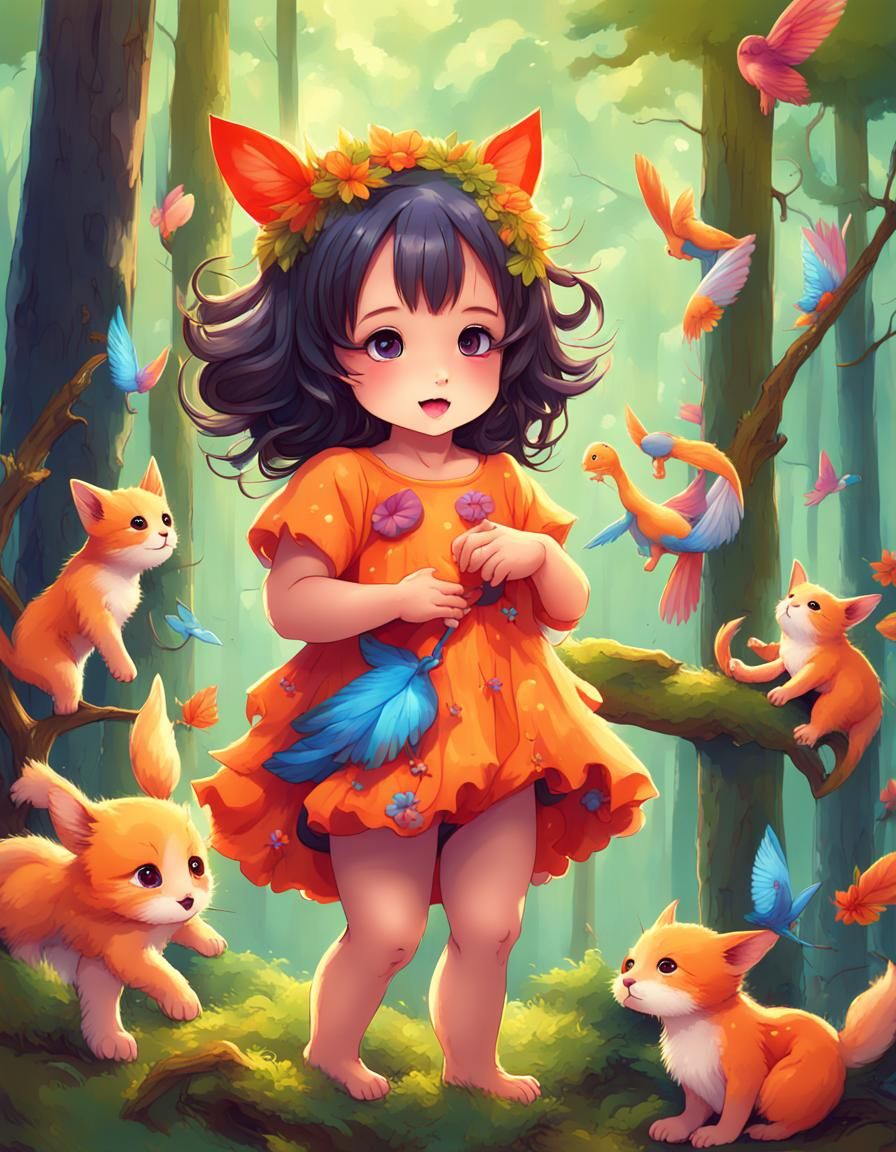 Vibrant Fantasy: Baby Kitsunes Playing in Forest